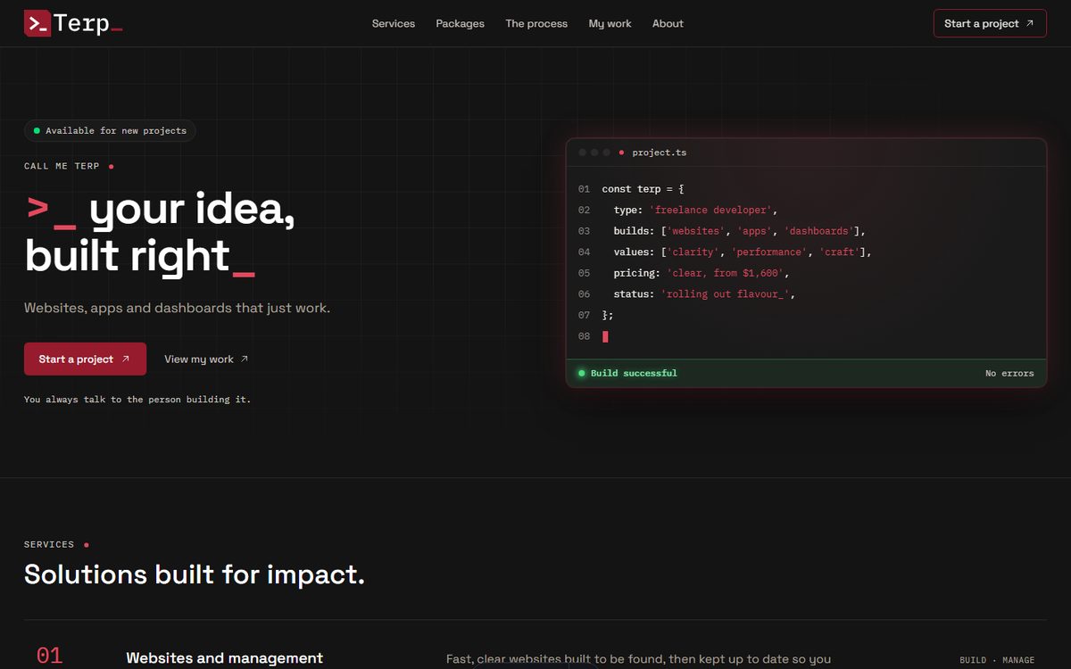 The home page of this website, showing the headline Websites and apps that work next to a code window.
